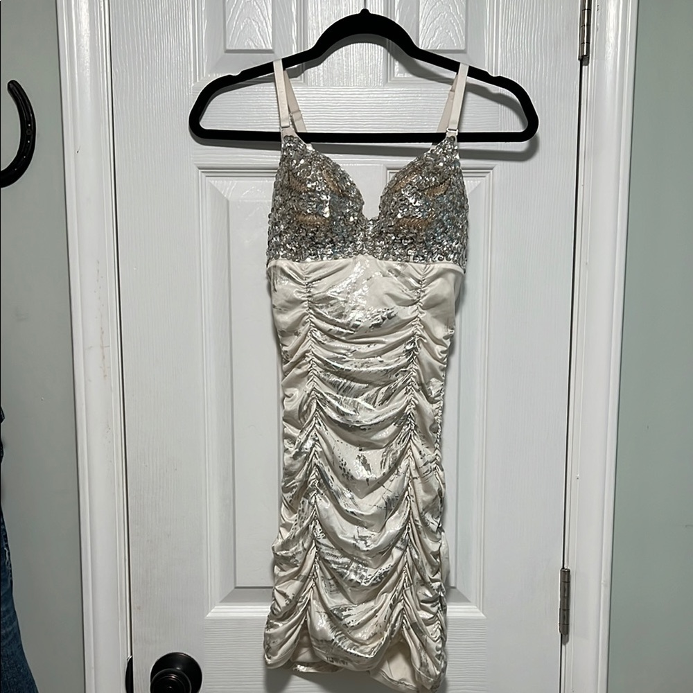 Beaded Shimmering Silver Ruched Dress